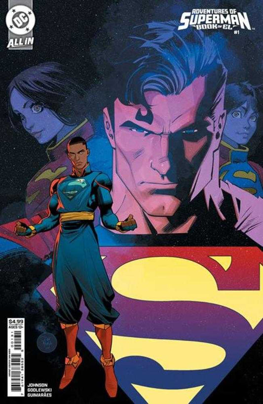 Comic book cover featuring a superhero character with a large 'S' logo and other characters in the background.