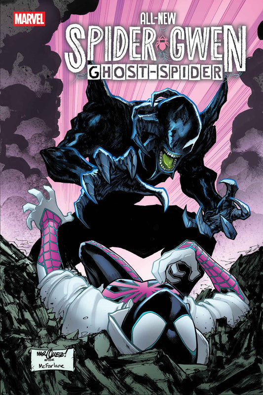 Comic book cover featuring Spider-Gwen and Ghost-Spider with a pink and black background.