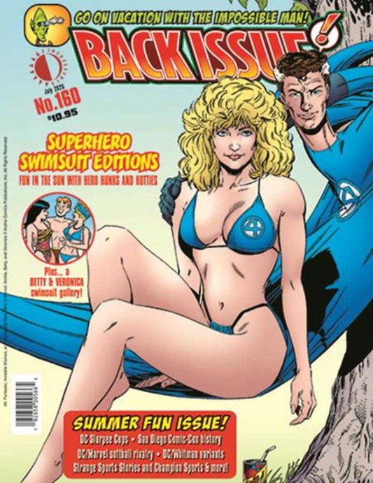 Comic book cover featuring a superhero and a woman in a swimsuit with promotional text.