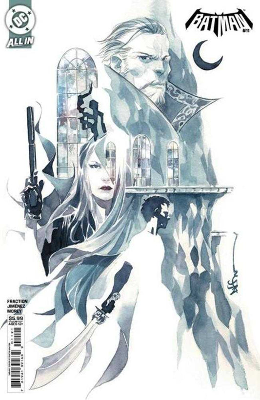Comic book cover featuring a stylized illustration of characters with a white and gray color scheme.