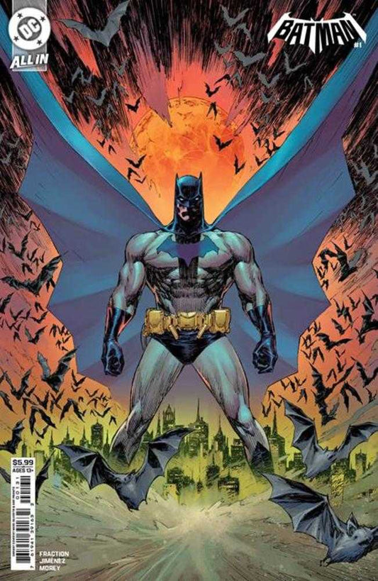Comic book cover featuring Batman with a cityscape and bats in the background