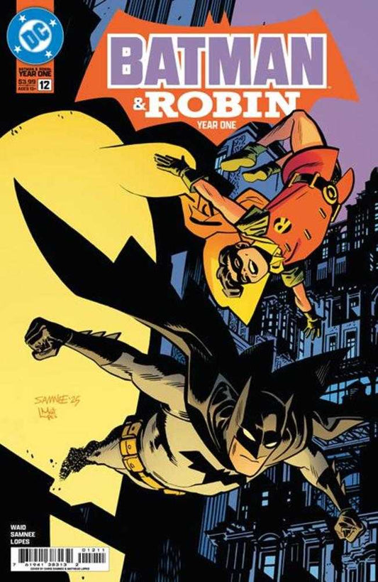 Comic book cover featuring Batman and Robin with a cityscape background