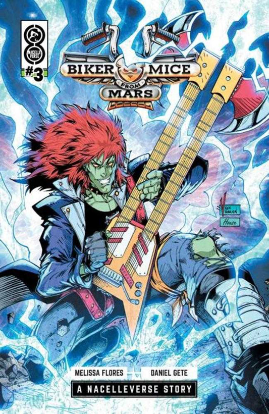 Comic book cover featuring a character with red hair playing a guitar, with 'Biker Mice from Mars' branding.