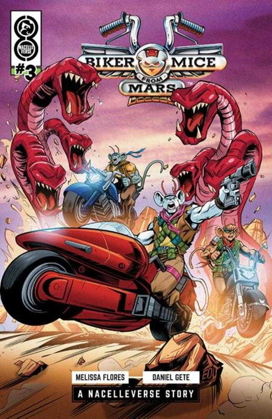 Comic book cover of 'Biker Mice from Mars' with red vehicles and characters on a desert background.