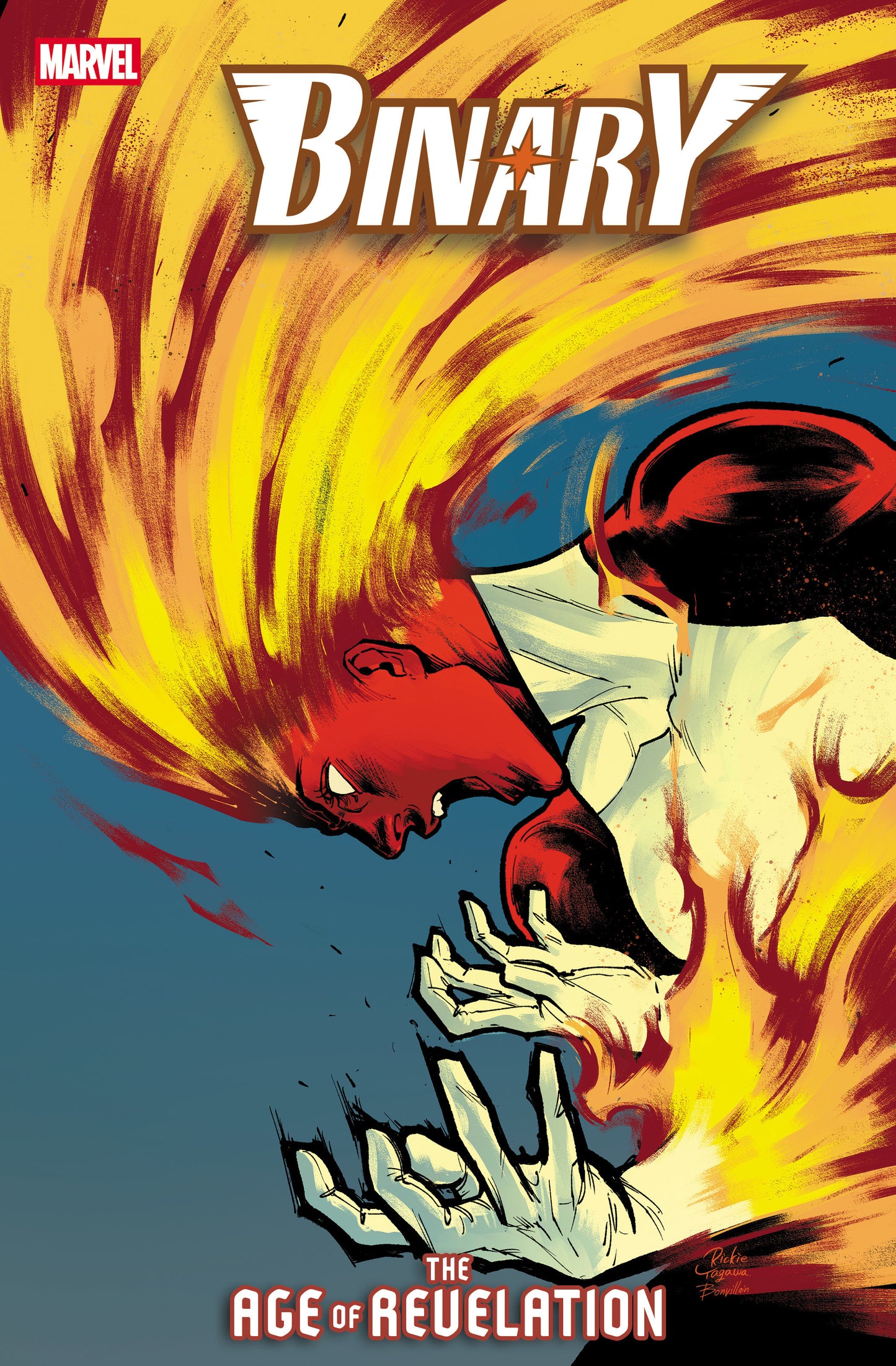 Comic book cover featuring a character with flames and text 'Binary' from Marvel.