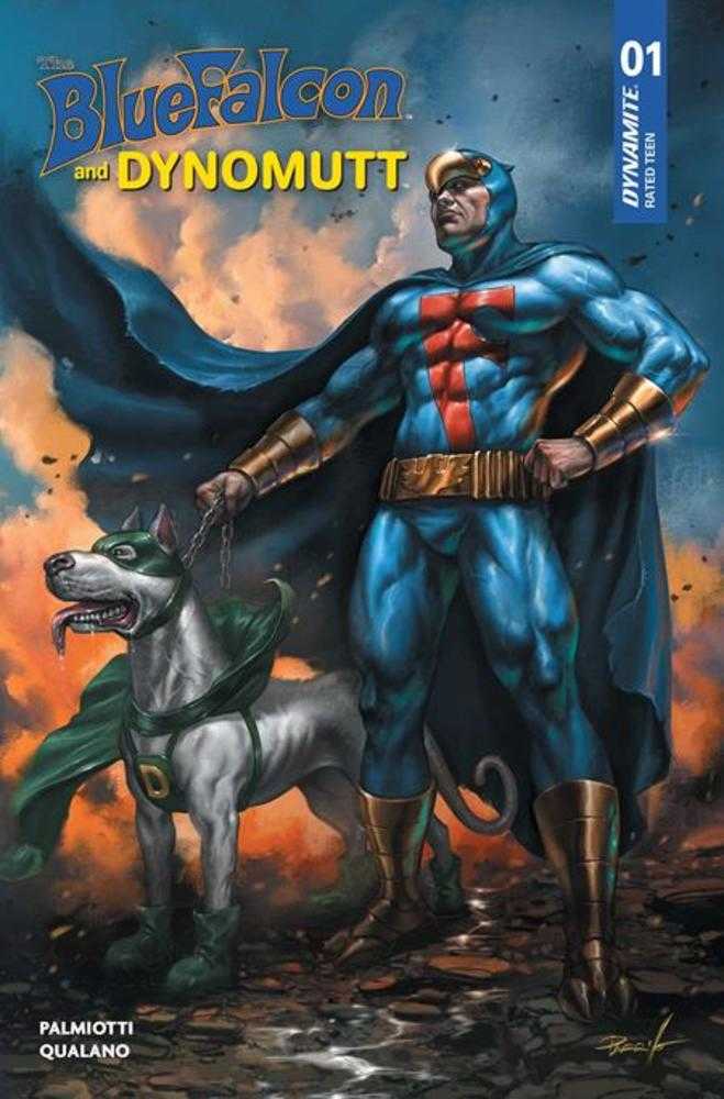 Comic book cover featuring a superhero and his dog with 'Blue Falcon and Dynomutt' title.