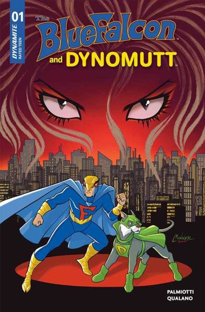 Comic book cover featuring The Blue Falcon and Dynomutt with a cityscape background