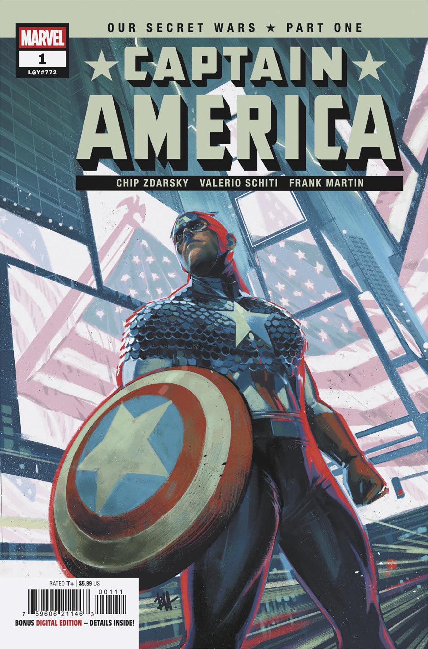 Comic book cover of Captain America with superhero pose and shield