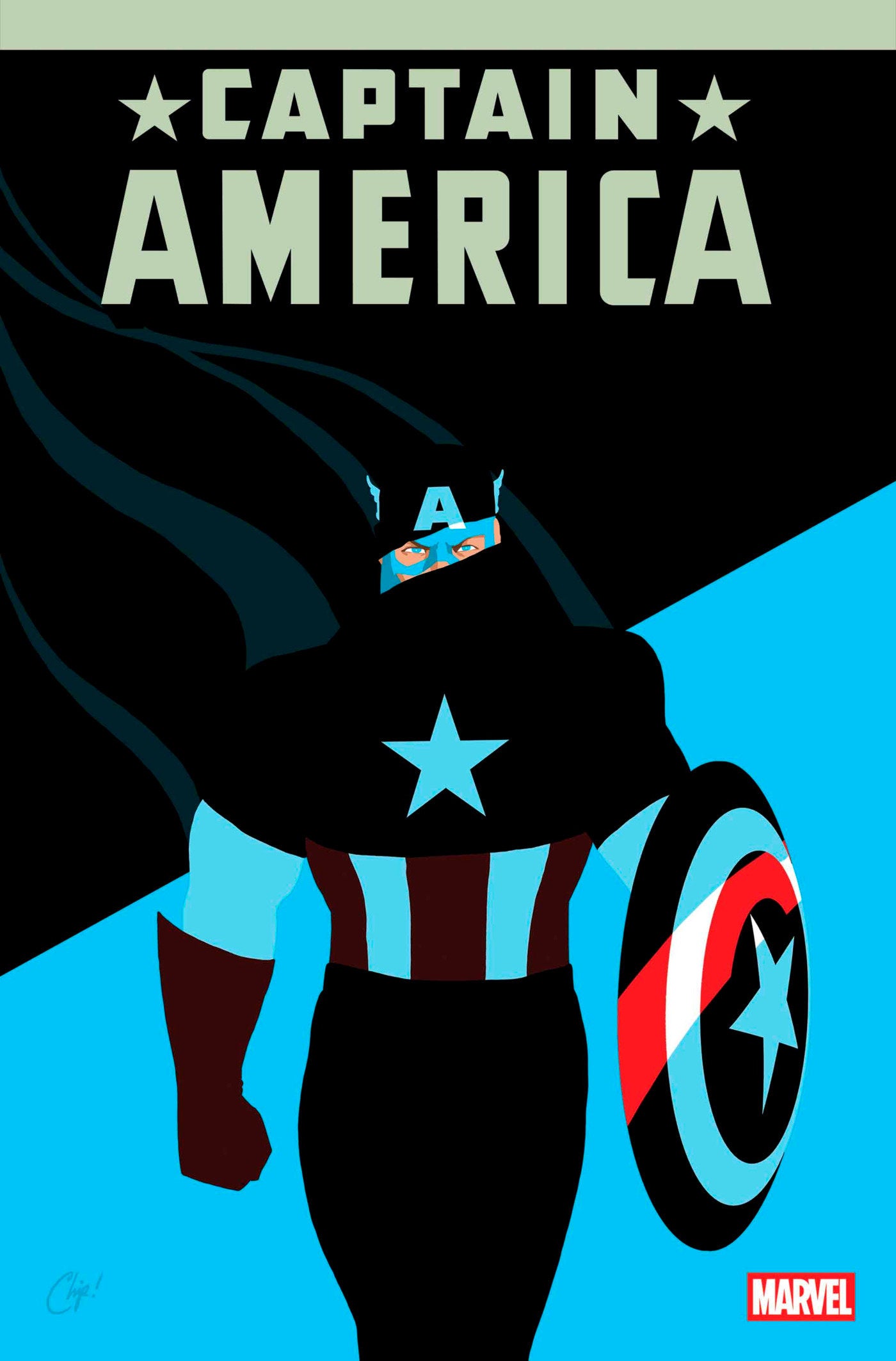 Captain America in superhero costume with shield on a blue and green background