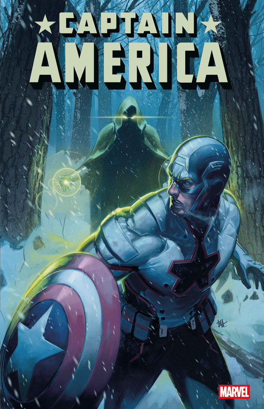Comic book cover featuring Captain America in a forest with a dark figure in the background.