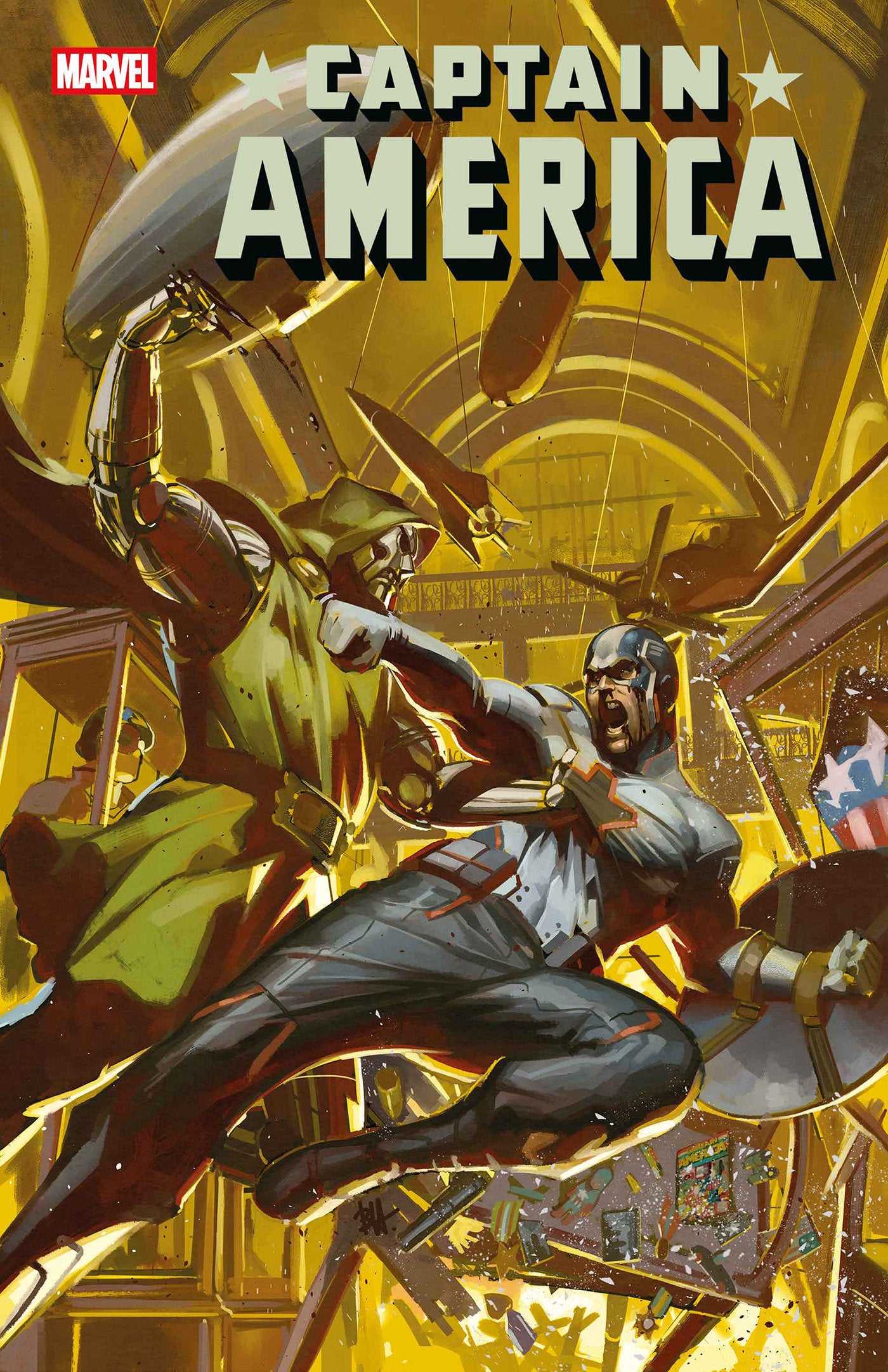 Comic book cover featuring Captain America in action with a golden background