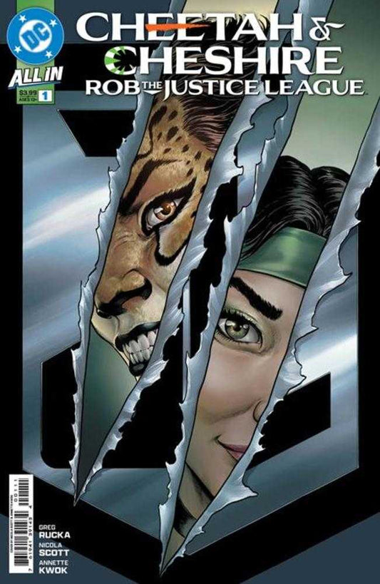 Comic book cover featuring a character with a leopard's face and 'Cheetah & Cheshire Rob the Justice League' text.