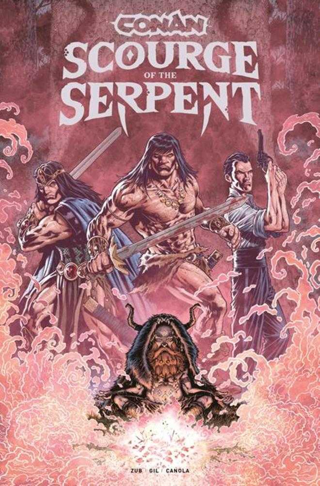 Book cover of 'Conan: Scourge of the Serpent' with characters and serpent illustration.