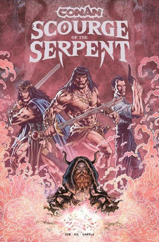 Book cover of 'Conan: Scourge of the Serpent' with characters and serpent illustration.