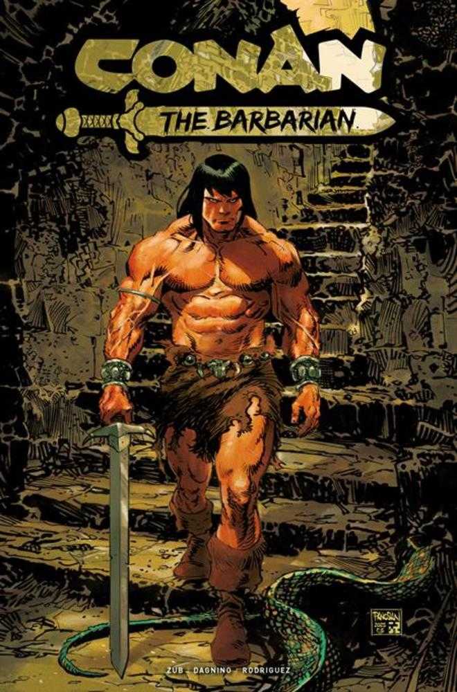 Comic book cover featuring Conan the Barbarian holding a sword on stone steps.