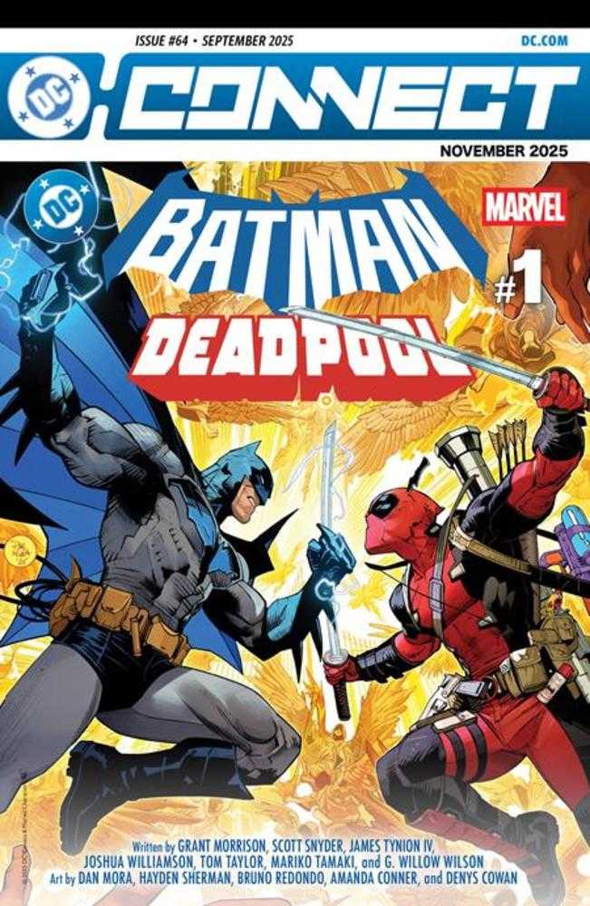 Comic book cover featuring Batman and Deadpool with DC and Marvel logos.