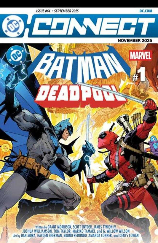 Comic book cover featuring Batman and Deadpool with DC and Marvel logos.