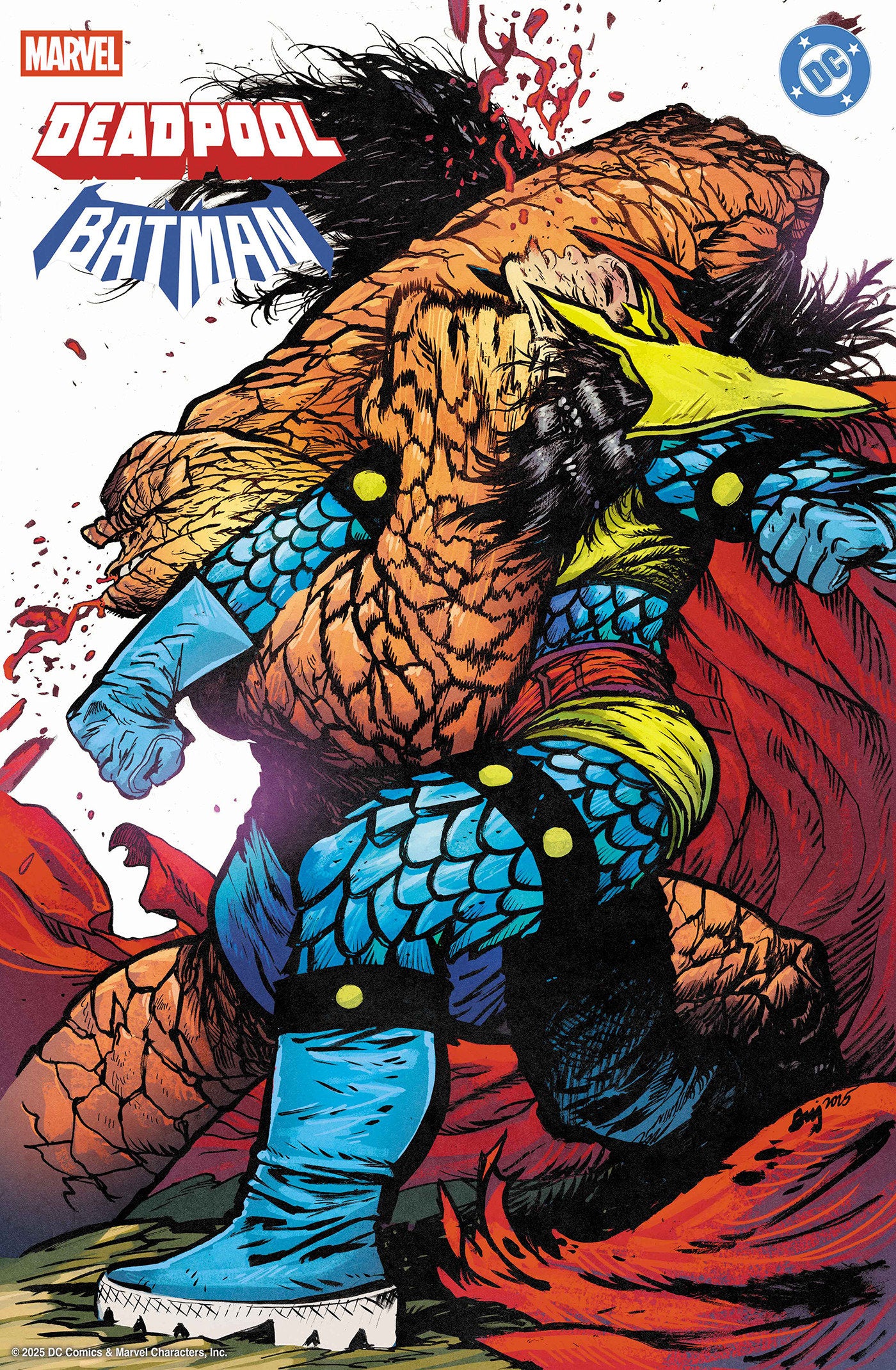 Comic book cover featuring a superhero in a colorful costume with Marvel and DC logos.