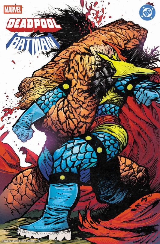 Comic book cover featuring a superhero in a colorful costume with Marvel and DC logos.