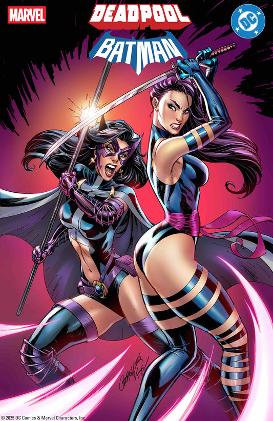 Comic book cover featuring two superheroines in action poses with 'Marvel' and 'DC' logos.