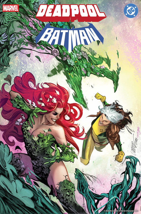 Comic book cover featuring two characters amidst foliage with Marvel and DC logos.