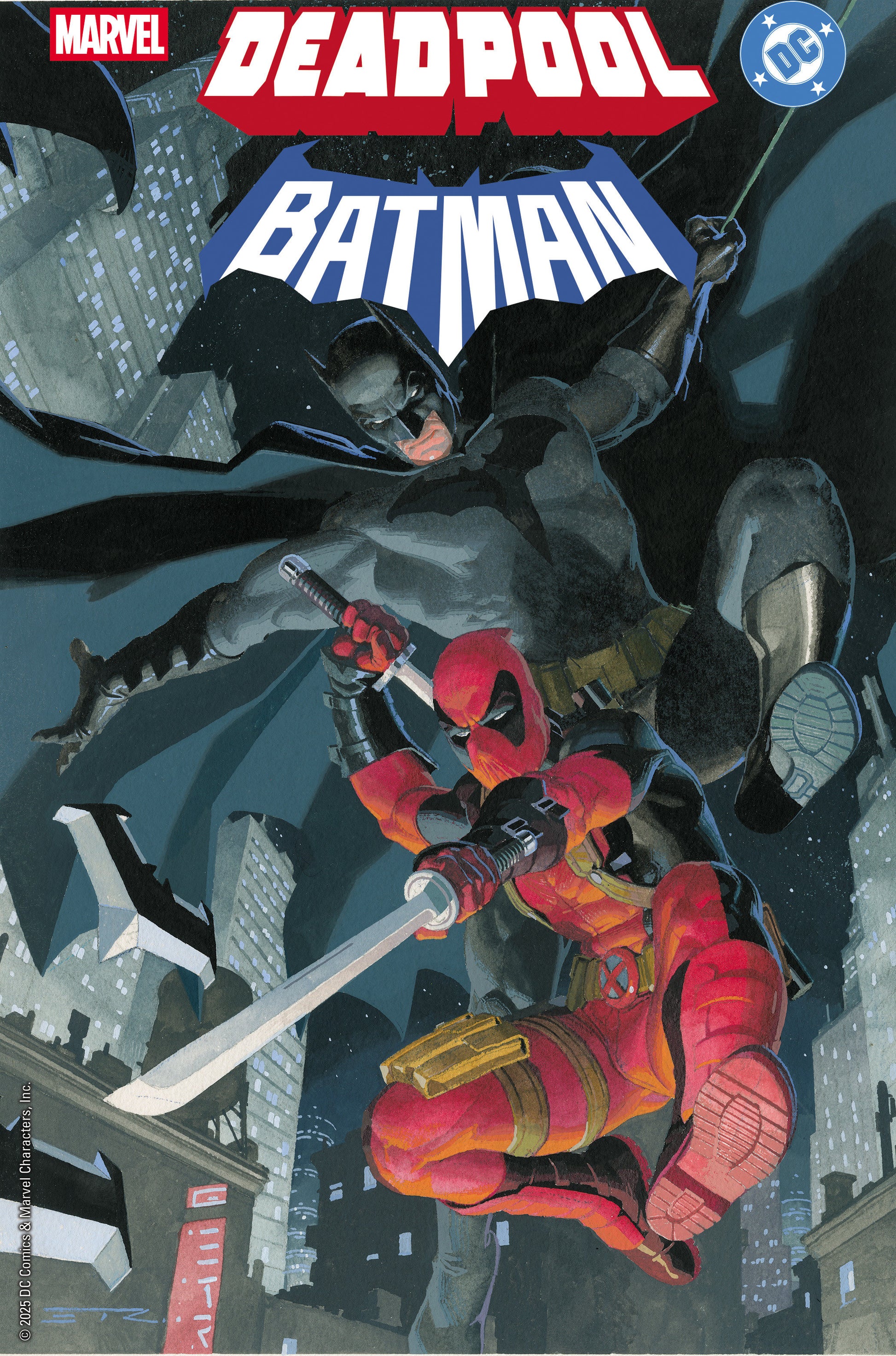 Comic book cover featuring Batman and Deadpool in a cityscape.
