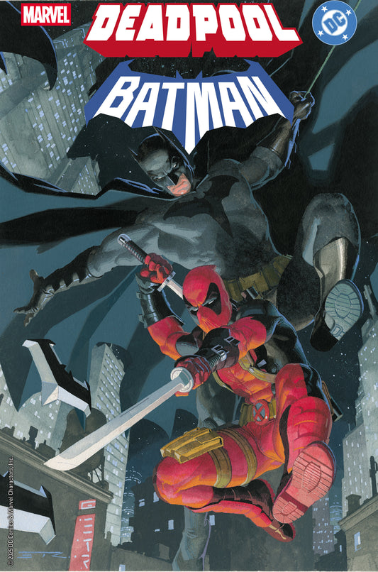 Comic book cover featuring Batman and Deadpool in a cityscape.