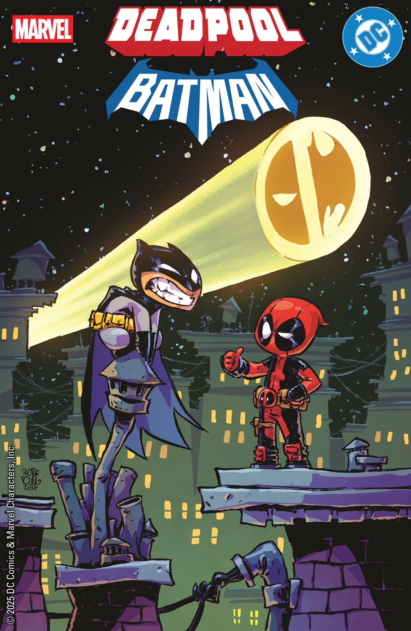 Comic book cover featuring Batman and Deadpool with a cityscape background.