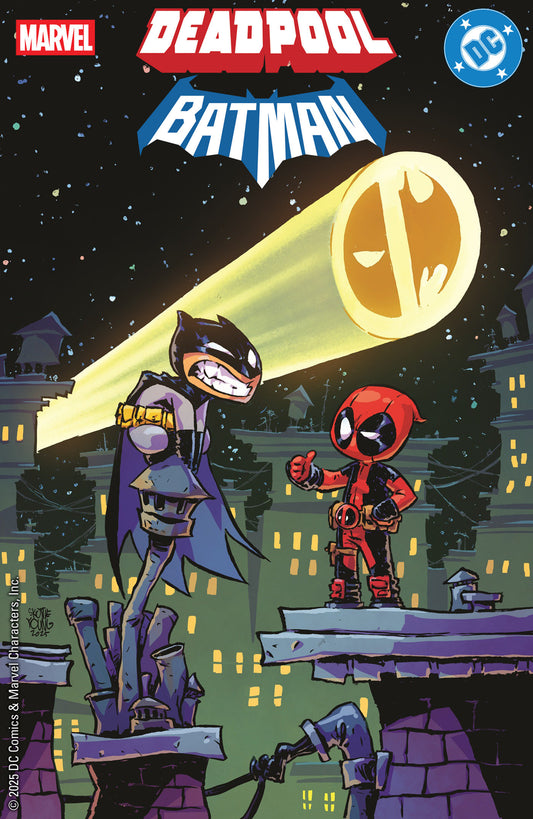Comic book cover featuring Batman and Deadpool with a cityscape background.