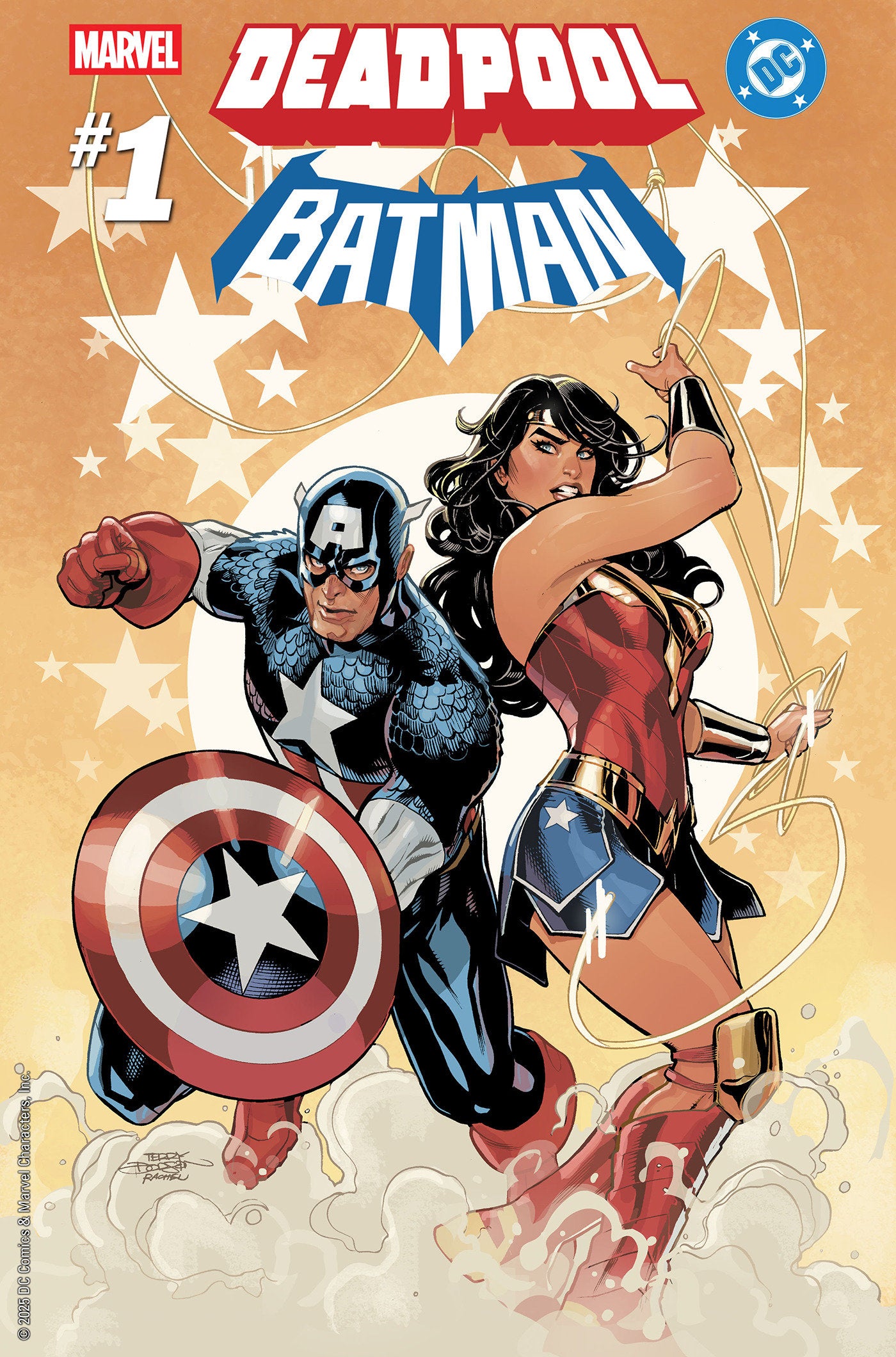 Comic book cover featuring Captain America and Wonder Woman with Marvel and DC logos.