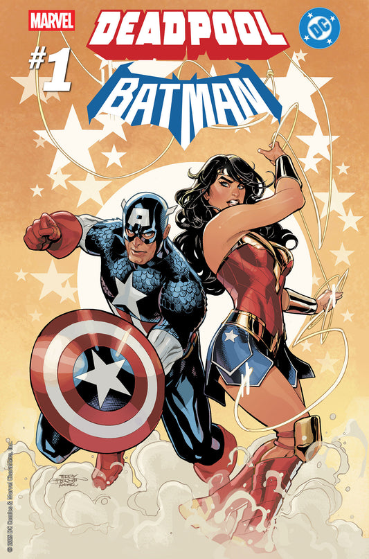 Comic book cover featuring Captain America and Wonder Woman with Marvel and DC logos.