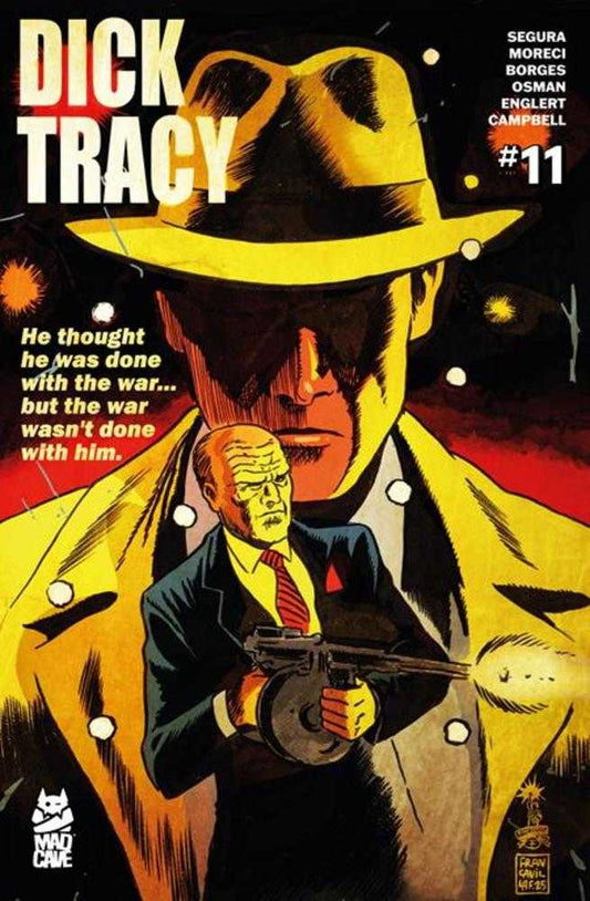 Comic book cover featuring a character in a yellow hat and coat with text about war and a gun.