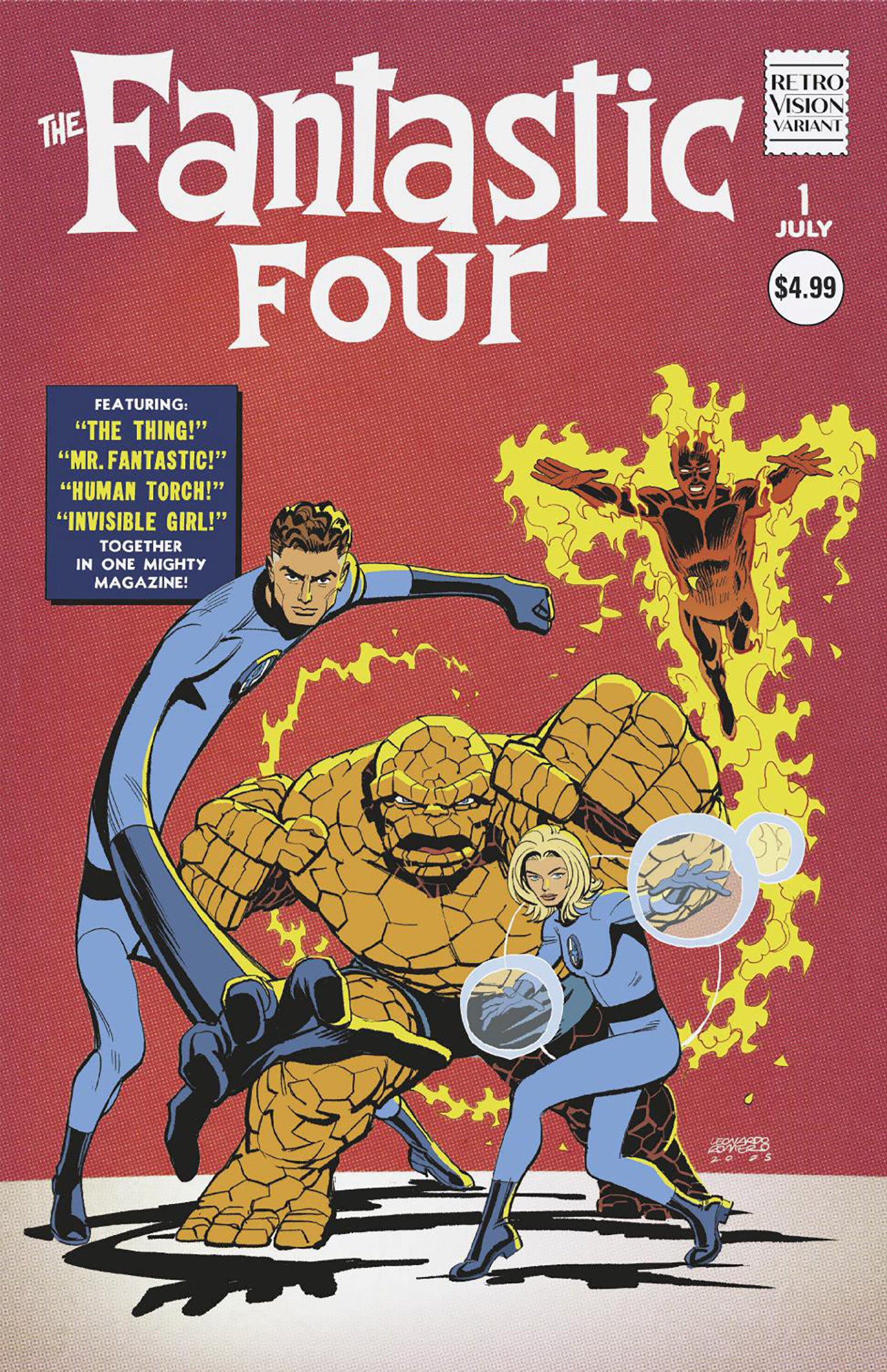 Comic book cover featuring The Fantastic Four with a red background