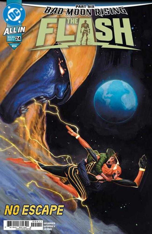 Comic book cover of 'The Flash' with a character in a cape and helmet, Earth in the background.