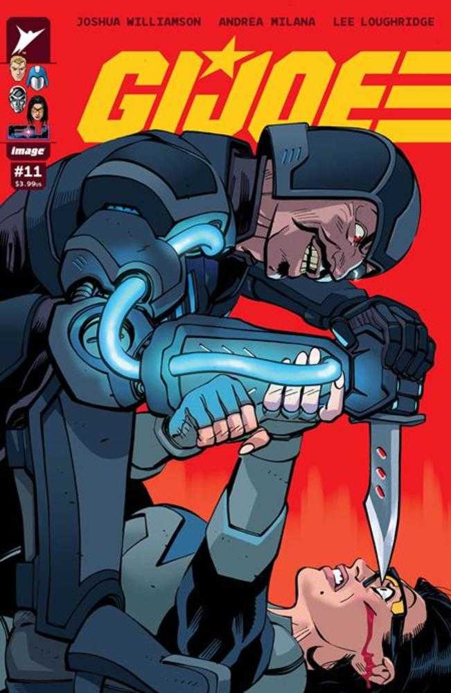 Comic book cover featuring a character with a weapon, red background, and 'G.I. Joe' branding.