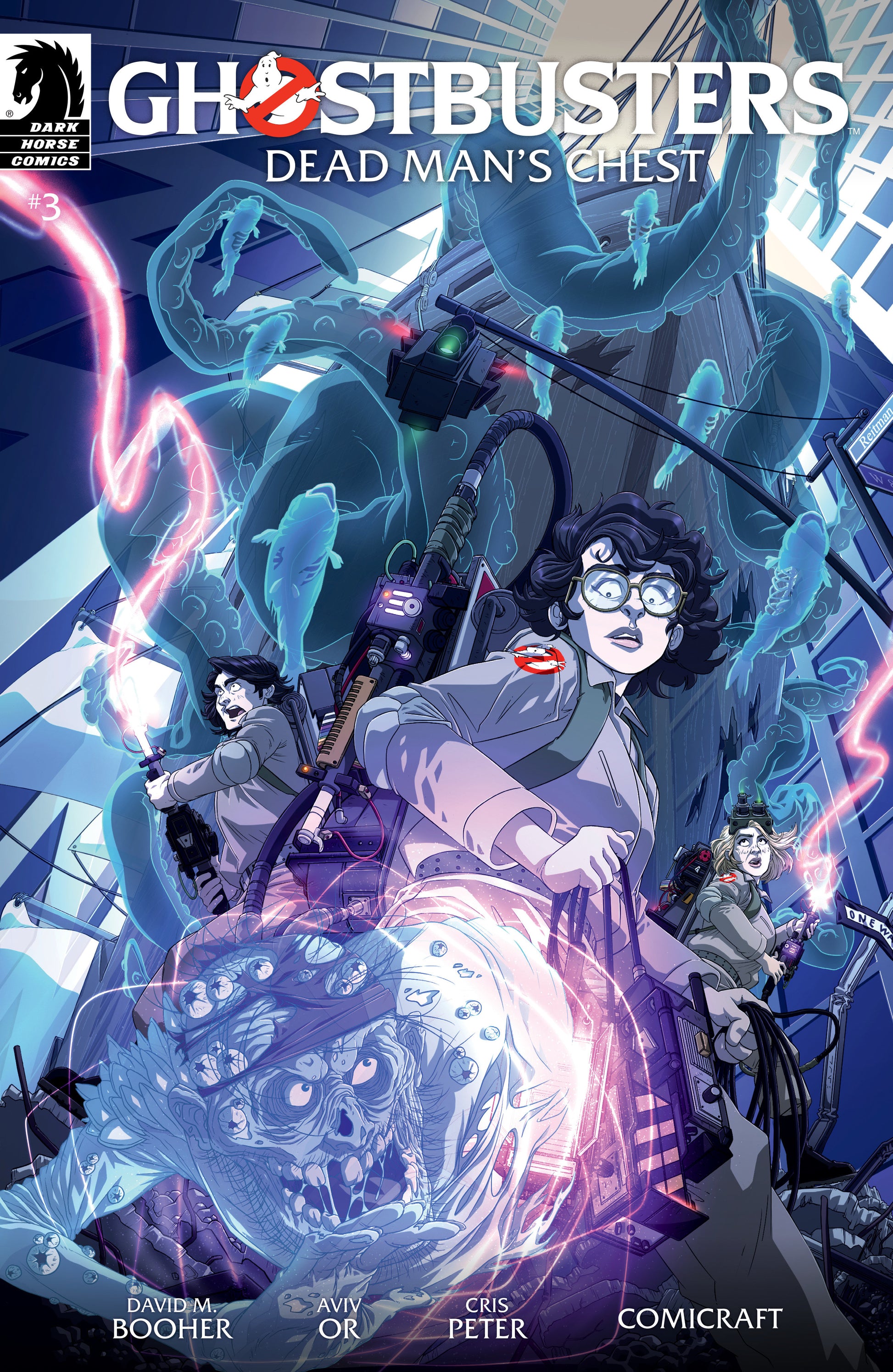 Comic book cover of 'Ghostbusters: Dead Man's Chest' with characters and ghostly figures.