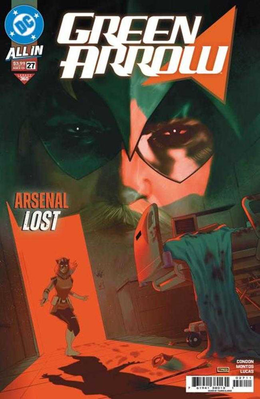 Comic book cover of 'Green Arrow' with a character in a hooded outfit and another figure in the foreground.