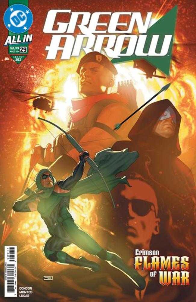 Comic book cover featuring Green Arrow with a fiery background