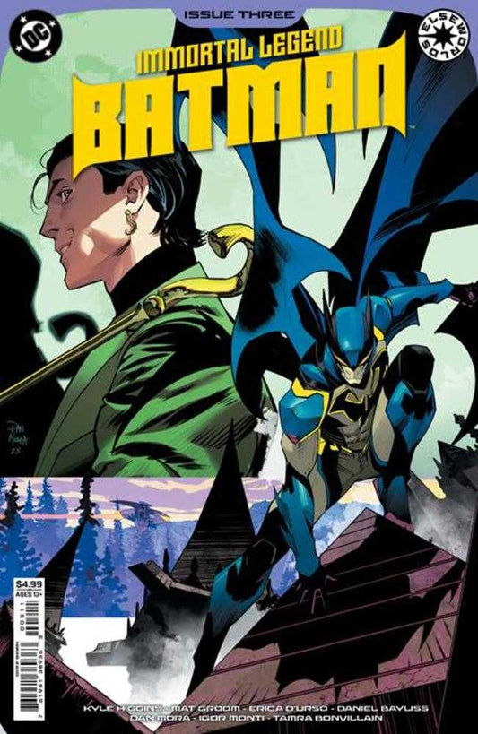 Comic book cover featuring Batman in a dynamic pose with a scenic background