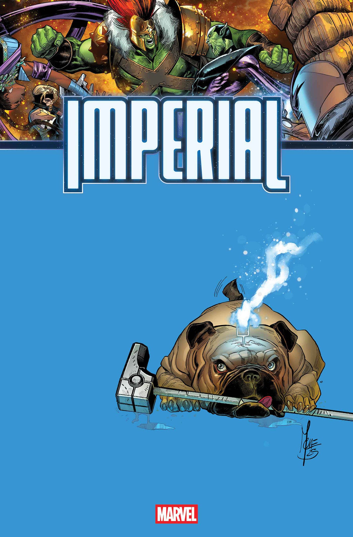 Comic book cover titled 'Imperial' with a bulldog holding a hammer against a blue background, featuring Marvel branding.