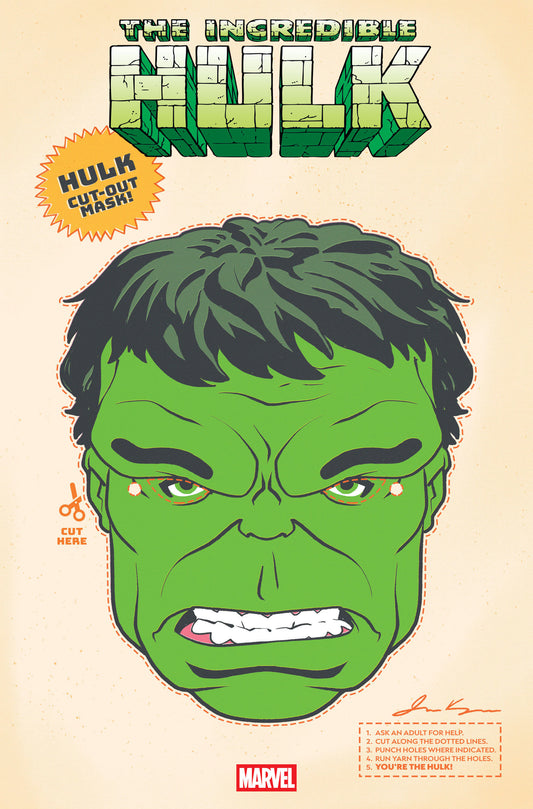 Green Hulk mask with text and Marvel logo on a beige background