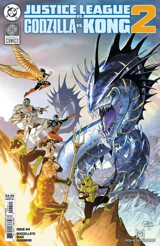 Comic book cover featuring Justice League vs. Godzilla vs. Kong with characters and a dragon-like creature.