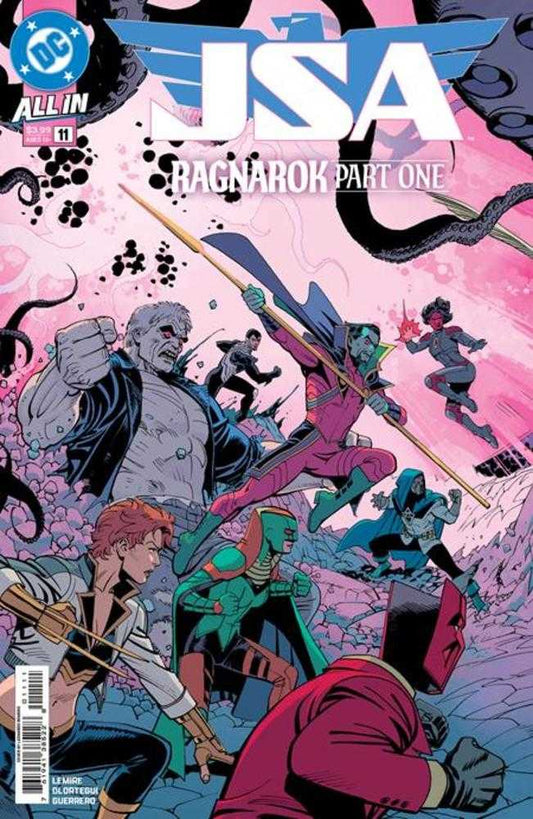 Comic book cover featuring superhero characters with a pink and blue background