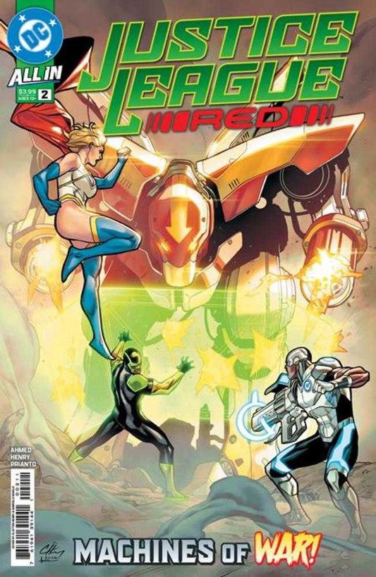 Comic book cover featuring characters from 'Justice League Red' with a robot and fiery background.