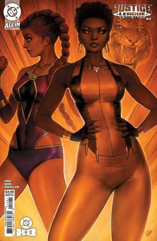 Comic book cover featuring two characters in superhero costumes with a tiger emblem in the background.