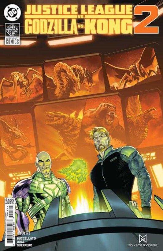 Comic book cover featuring Justice League vs. Godzilla vs. Kong with two characters in front.