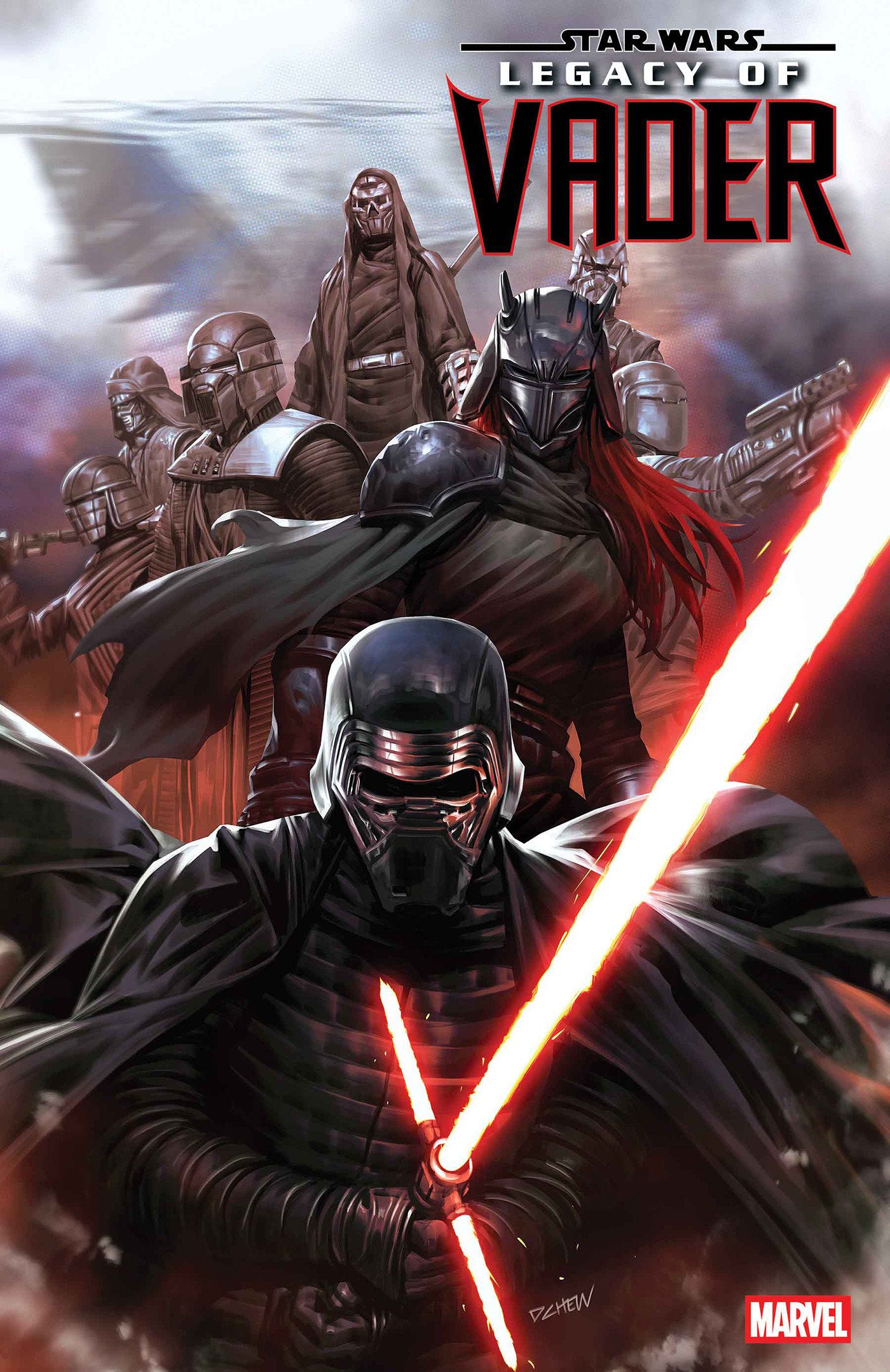 Comic book cover featuring characters from 'Star Wars: Legacy of Vader' with a focus on a character holding a red lightsaber.