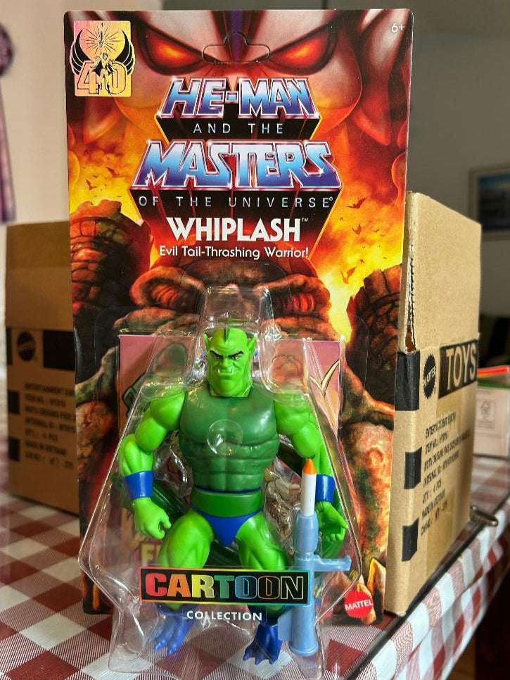 Green action figure in front of 'He-Man and the Masters of the Universe' packaging