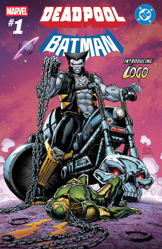 Comic book cover featuring a character on a motorcycle with text about Marvel, DC, and introducing a logo.