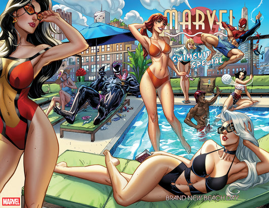 Comic-style illustration of Marvel characters at a pool party with a 'Swimsuit Special' theme.